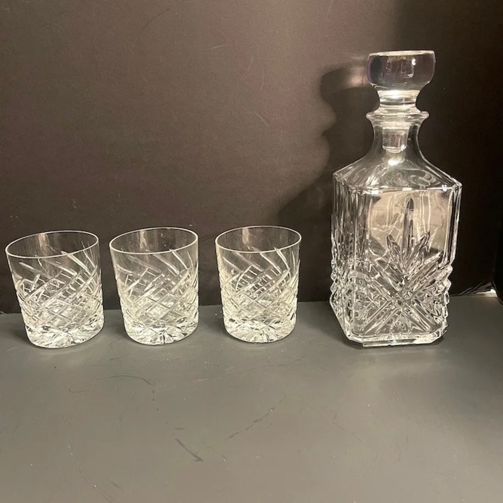 Vintage Godinger Dublin Crystal Whiskey Decanter Set 3 Lowball Glasses 4pc